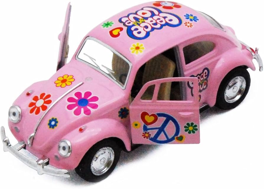 KiNSMART 1967 Volkswagen Classical Beetle w/Peace Love Decals Pink 5" 1:36 Scale Die Cast Metal Model Toy Car w/Pullback Action