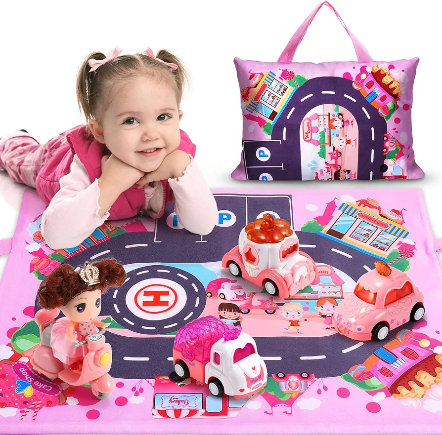 Baby Toys for 1 2 3 Year Old Girls,Cute Car Toys with Baby Doll & Playmat/Storage Bag for Toddlers Age 1-3,Baby Toys 12-18 Months,1st Birthday Girl Gifts Christmas Stocking Stuffers for Toddler Infant