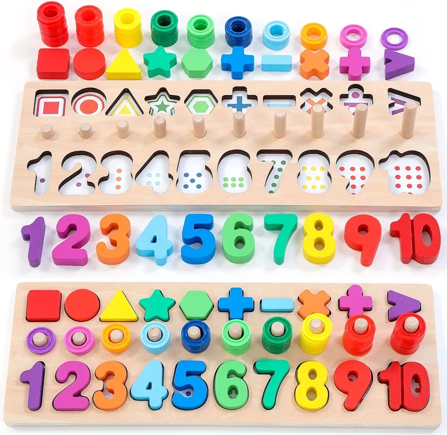 Wooden Montessori Toys for Kids Toddler Number Puzzles Sorter Counting Shape Stacker Stacking Game Preschool Toys for Boy Girl Learning Education Math Blocks 1 Year Old Girl Gifts (Rainbow)