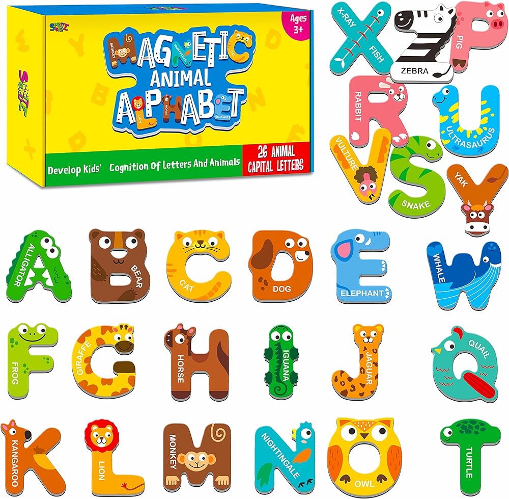 Large Size Magnetic Letters, Cute Animal Alphabet ABC Magnets for Fridge Colorful Uppercase Animals Toys Set Educational Spelling Learning Games for Kids, Toddlers 3 4 5 Years Old