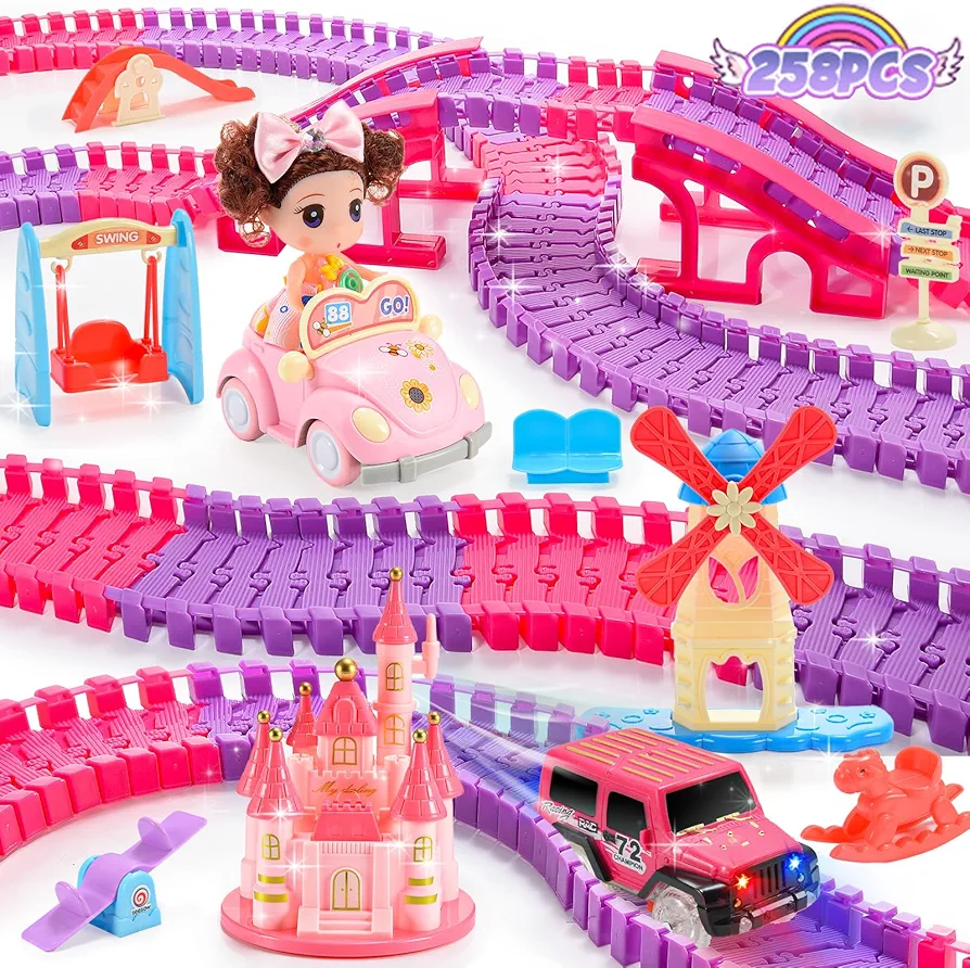 Princess Toys: 258pcs Toys for 3 4 5 6 Year Old Girls Kids Car Track Toy Set with Doll Caslte Barbi Car 4 Year Old Girl Birthday Gifts Pink Toys for Girls 3-5 Toddler Girl Toys Age 3-6