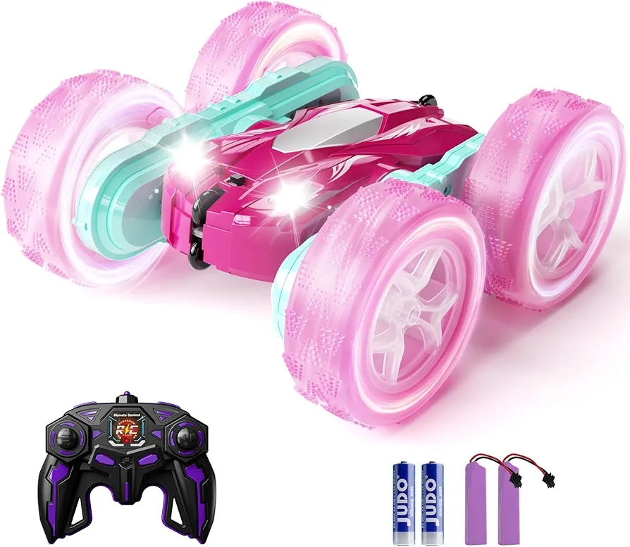 28℃ Remote Control Car for Boys, Drift High Speed RC Cars, 4WD 2.4Ghz Rechargeable RC Truck with Double Sided 360 Flips and Headlights Wheel Lights, Off-Road Stunt Toy Car for Kids Boy Girls Pink