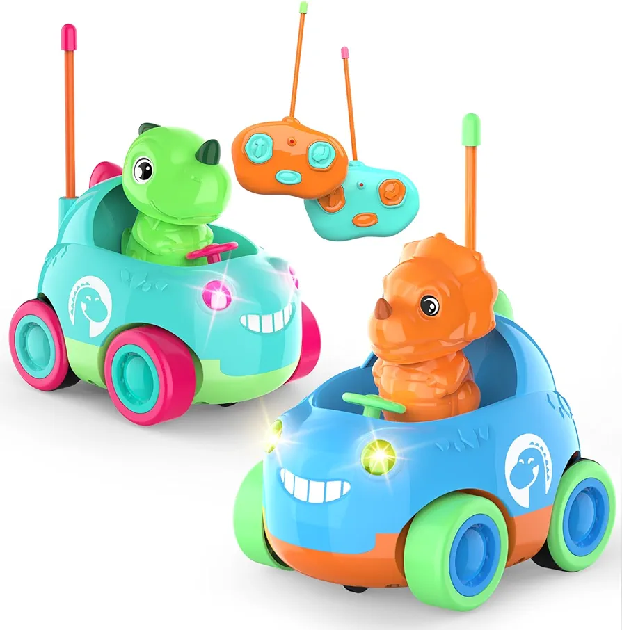 Toddler Remote Control Car, Two Cartoon RC Cars for Toddlers, Dinosaur Toys for Kids 3-5, Birthday Gift for Boys & Girls, Car Toys with LED Lights & Music