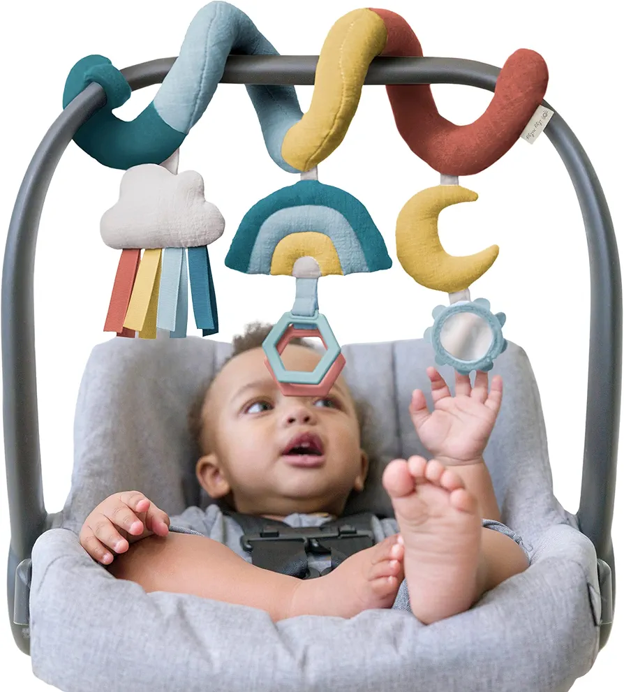 Itzy Ritzy Spiral Car Seat & Stroller Activity Toy - Stroller & Car Seat Toys for Ages 0 Months and Up - Hanging Toys Include Clinking Rings, Mirror and Textured Ribbons (Rainbow)