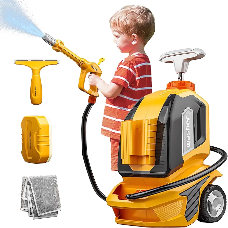 Kids Clean Car Wash Toy Toddler Cleaning Set Car Washing Kit,Powerful Manual Pressure Washer with Scraper,Sponge,Rag,Pretend Play Toy Gift for Boys Girls Ages 3+