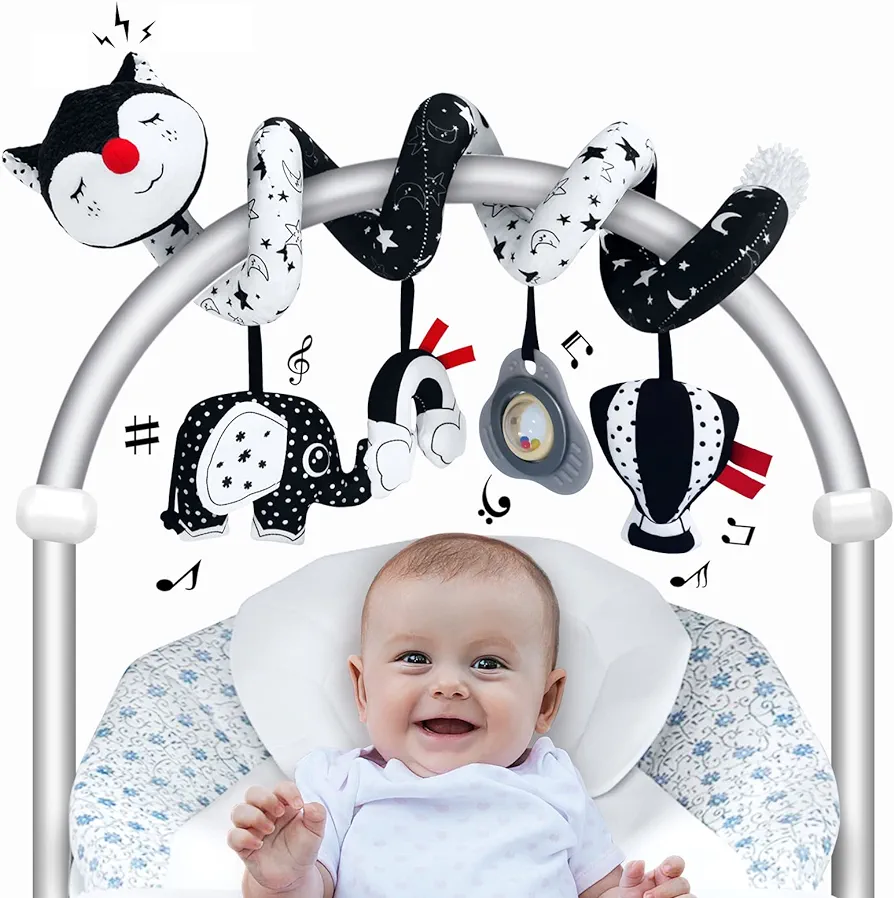 Car Seat Toys for Babies 0-6 Months, Black and White Spiral Carseat Toys for Infant 0-3 Months, High Contrast Baby Toys for 3-6 Months Newborn Toys, Stroller Toys for 0 3 6 9 12 Months Baby Ideal Gift