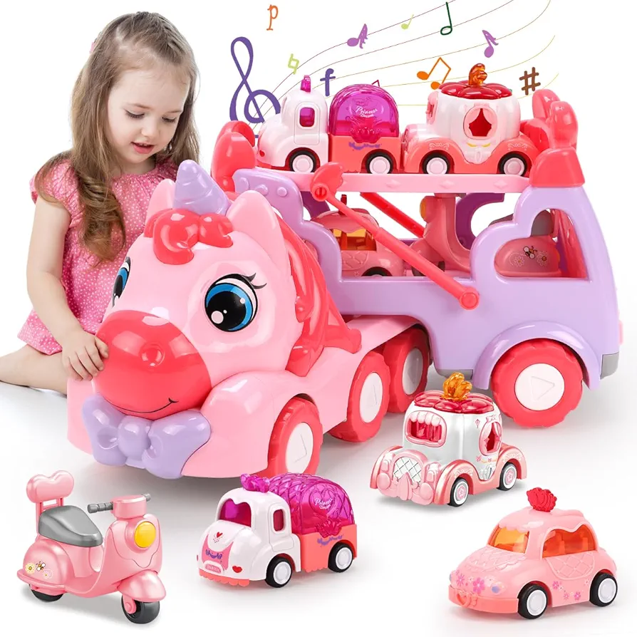 Qizebaby 5 in 1 Carrier Truck Car Toys for Girls Toddlers Age 1 2 3+, Unicorn Toy Girl Cars with Music&Light, Toys for 1 2 3 4 Year Old Birthday for Baby Girls Boys Kids (Pink)