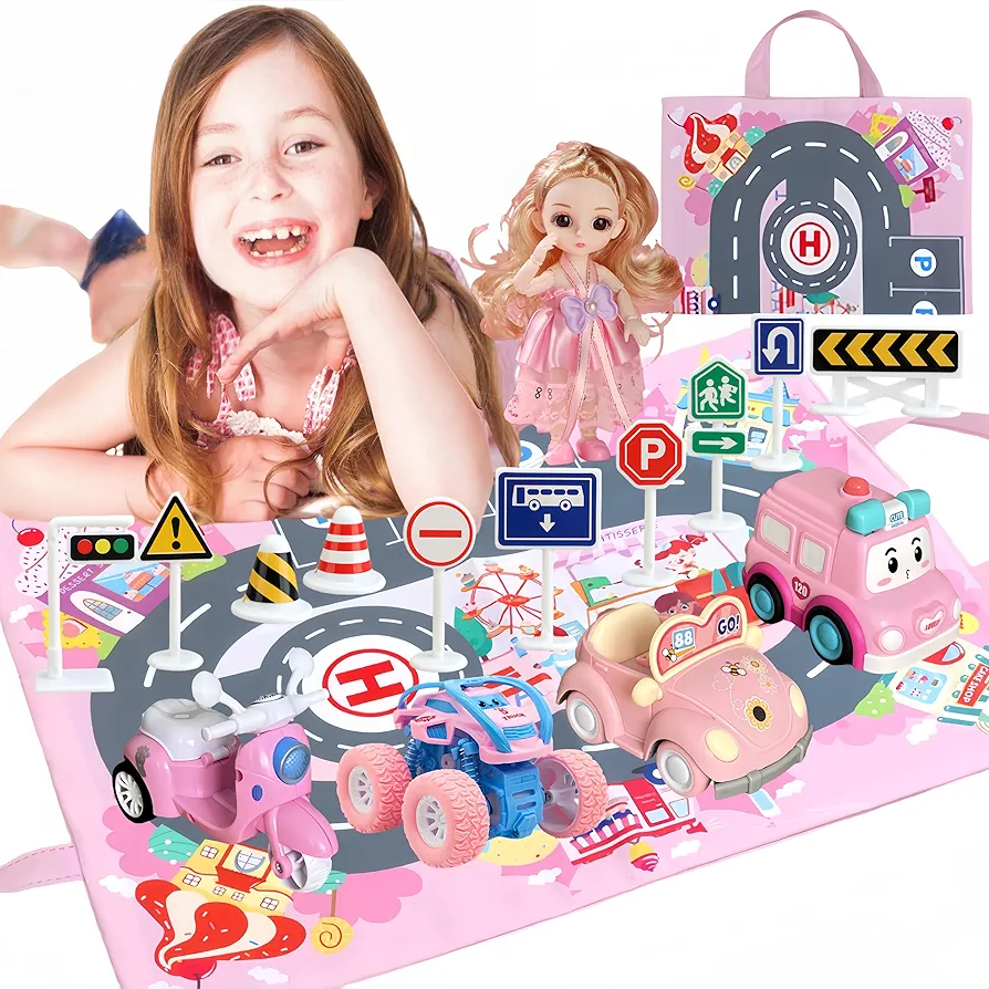 Toddler Girl Car Toy Set 16pc, Girls’ Pretend Play Transportation Educational Toy, Pink City Cars Toy Set, Kids Game Mat , Toy Storage Bag, Doll, Birthday Present Gifts for Girl Age 3 4 5 6