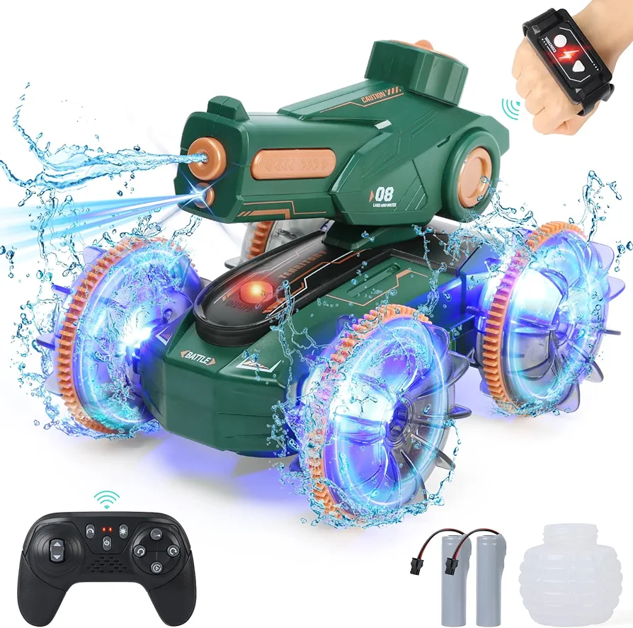 Toys for Kids 6-12 Remote Control Car Water Squirt Tank Gifts for Boys Girls 5-7 8 9 10 11 Year Old Amphibious RC Gesture Stunt Boat with Lights & Self-Dispensing Cool Outdoor Summer Beach Pool Toy