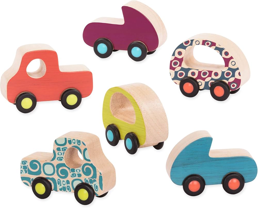 B. toys- 6 Little Wooden Toy Cars- Free Wheee-Lees- Vehicles- Colorful Car Play Set for Toddlers, Kids- 1 Year +