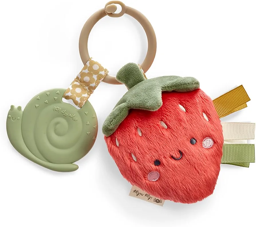 Itzy Ritzy Infant Toy & Teether - Itzy Pal Baby Teething Toy includes Lovey, Crinkle Sound, Textured Ribbons & Silicone Teether Toy for Newborn (Strawberry)