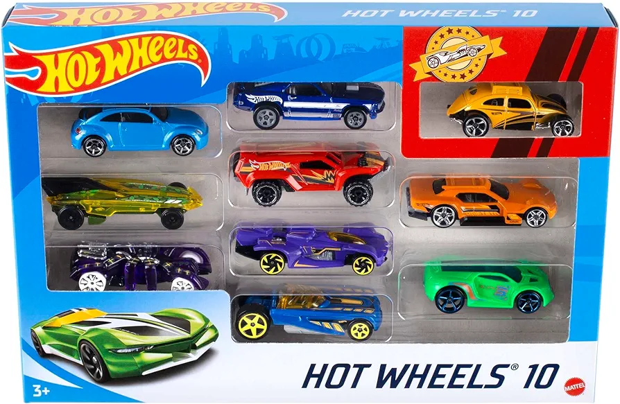 Hot Wheels Toy Cars & Trucks 10-Pack, Set of 10 1:64 Scale Vehicles, Includes Race Cars, Semi, Rescue or Construction Trucks (Styles May Vary)