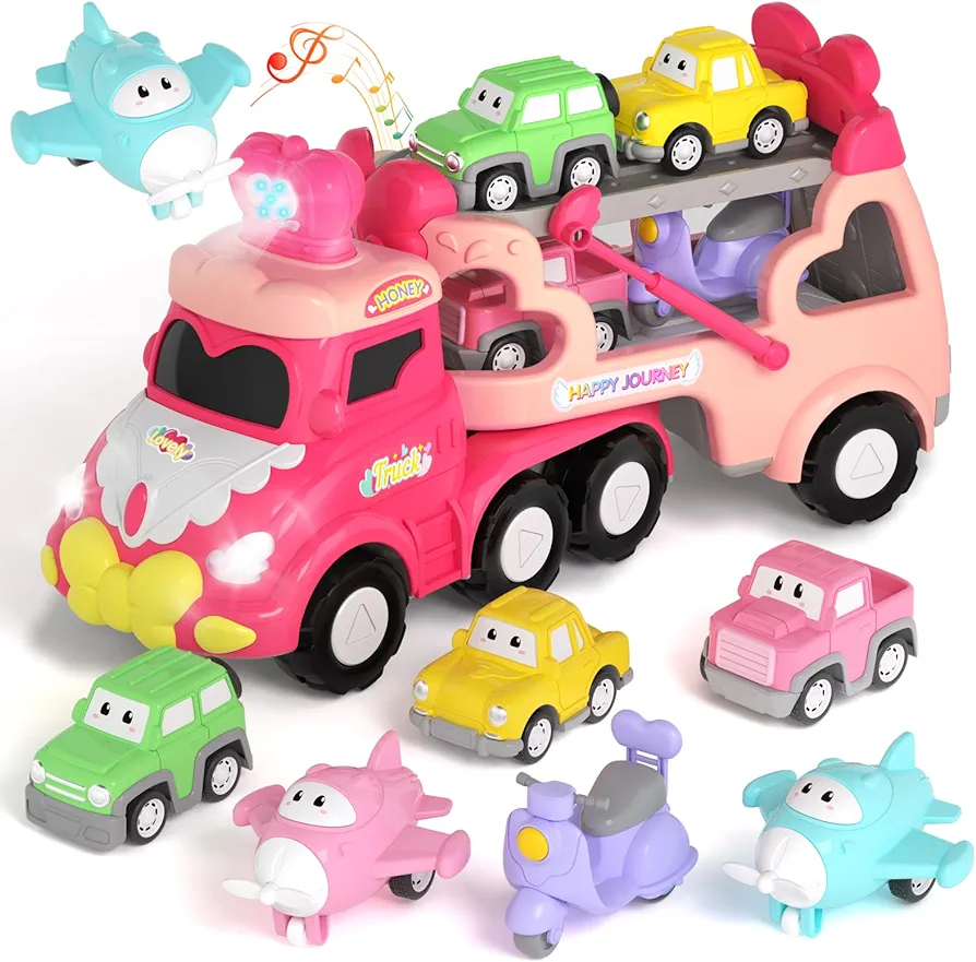 Toys for 1 2 3 Year Old Girl Truck, 7-in-1 Carrier Truck Cars Toys for Girl, Toddler Girls Toys Age 1-2 2-3, Princess Toy with Light & Sound, Easter Birthday Gifts for 1 2 3 Year Old Girls