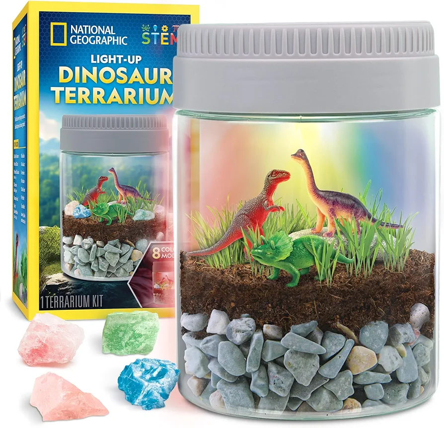 NATIONAL GEOGRAPHIC Dinosaur Terrarium Kit for Kids – Multicolor Light Up Terrarium Kit for Kids, Build a Dinosaur Habitat with Real Plants, Science Kit, Dinosaur Toys for Kids, Kids Science