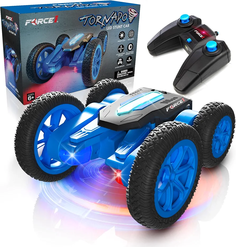 Force1 Tornado LED Remote Control Car for Kids- Double-Sided Driving Fast RC Cars 360-degree Flips, Outdoor 4WD Off Road Stunt Car, All Terrain Tires, RC Crawler Rechargeable Battery, Kids Car Remote