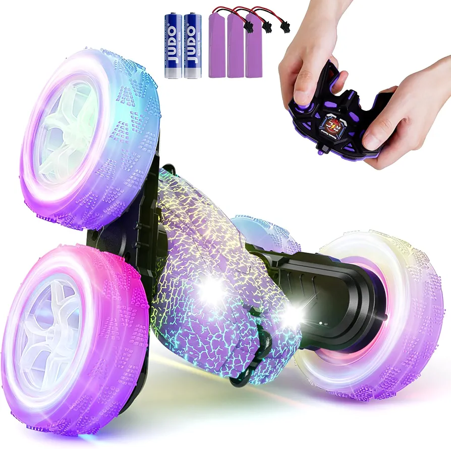 28℃ Remote Control Car Stunt RC Cars, 4WD Rechargeable RC Truck with Headlights Wheel Lights, Double Sided 360 Flips Stunt Toy Car for Kids Boys Girls 6 Year Old Christmas Birthday Gift (Purple)