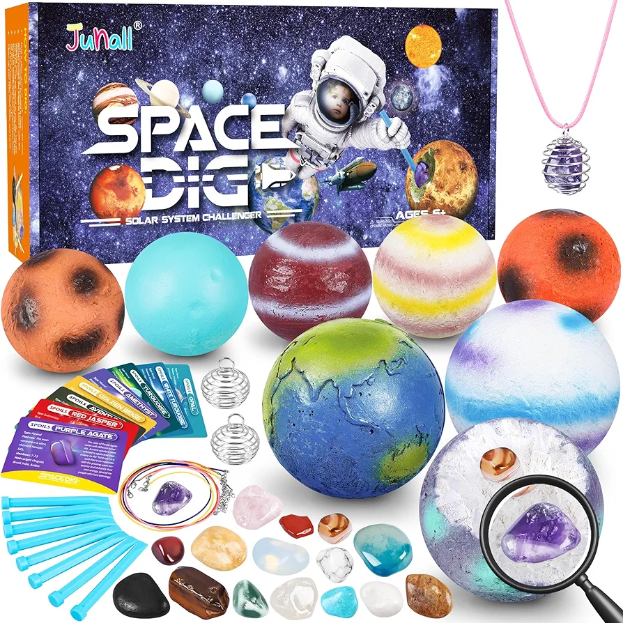 Gemstone Dig Kit, Easter Egg Space Toys for Kids, Dig up 8 Planets Find 16 Gems & Explore Solar System, Science STEM Activities - Educational Gifts for Boys Girls Age 5 6 7 8 9 10+Year Old