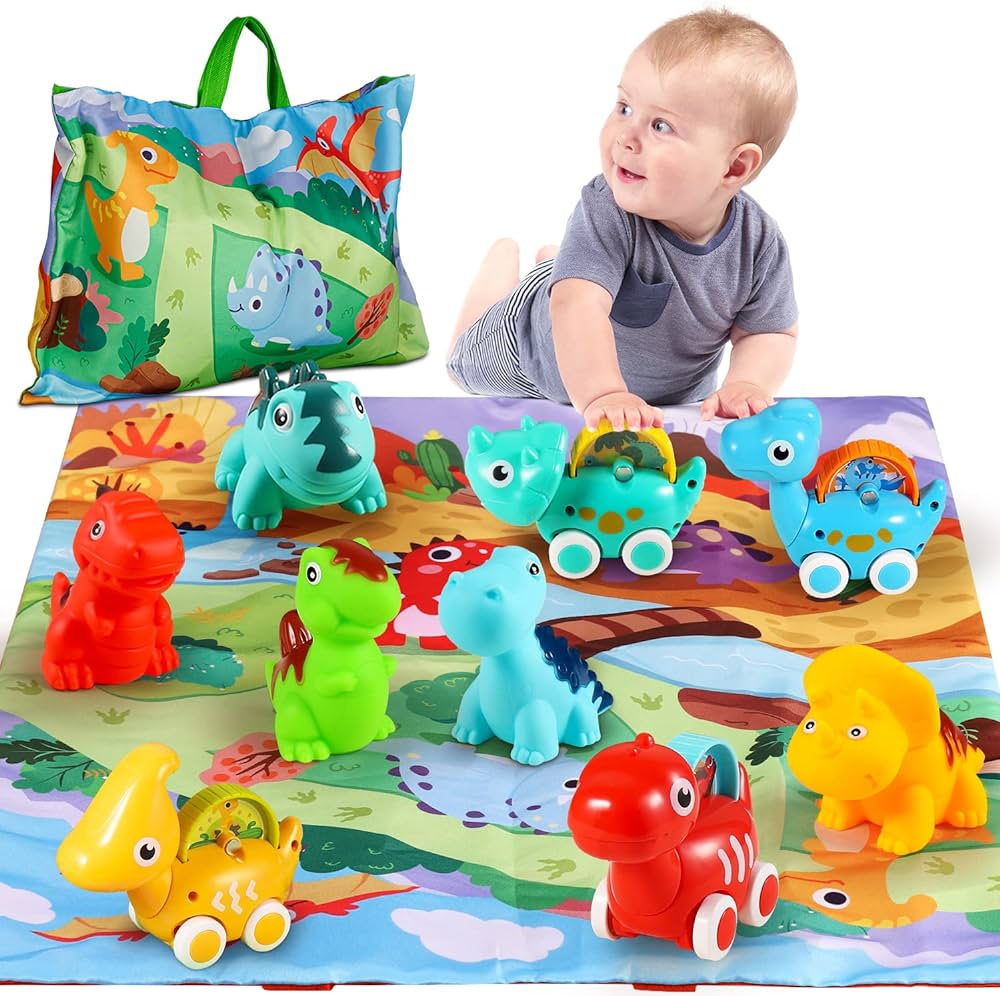 ALASOU 9 PCS Dinosaur Fantastic Creatures Toys with Playmat/Storage Bag|Baby Car Toys for 1 Year Old Boy|1st Birthday Gifts for Toddler Toys Age 1-2|1 Year Old Boy Birthday Gift for Infant Toddlers