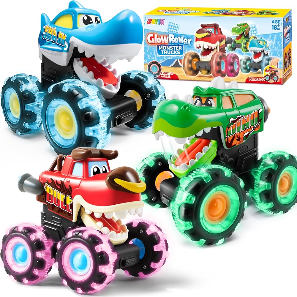 JOYIN 3 Pack Monster truck Toy - Motion Activated Light-Up Cars for Toddlers - Monster Treads Lightning Wheels - Baby Toy Gift - Press & Go Cars for Boys Girls