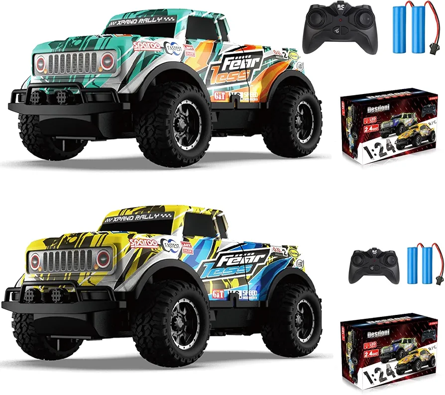 2PCS Remote Control Car, Light Up RC Car Toys, 2.4GHz 1:24 Scale 15KM/H Off-Road with Cool LED Lights Racing Rechargeable Toy Car for Christmas Birthday Kids Boys Girls for 4-7 8-12 Year Old