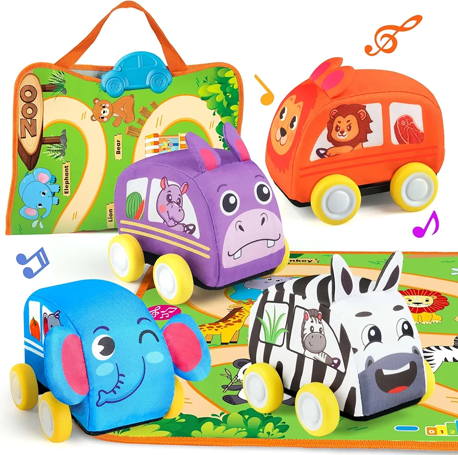 Vanmor Kids Pull-Back Cars Set - 2 in 1 Baby Toy Set with 4 Animal Soft Vehicle and Musical Mat Carrying Bag-Kid Toy Cars for 12M+ Infant, Toys for Babies and Toddlers