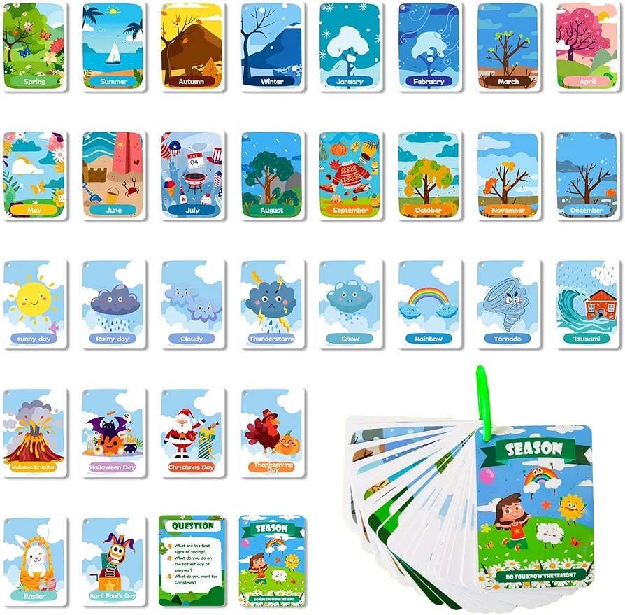 34 Season Flashcards for Kids,Waterproof Month Education Flash Cards, Children's Weather Educational Card, Double-Sided Festivals Toy Cards for Toddles