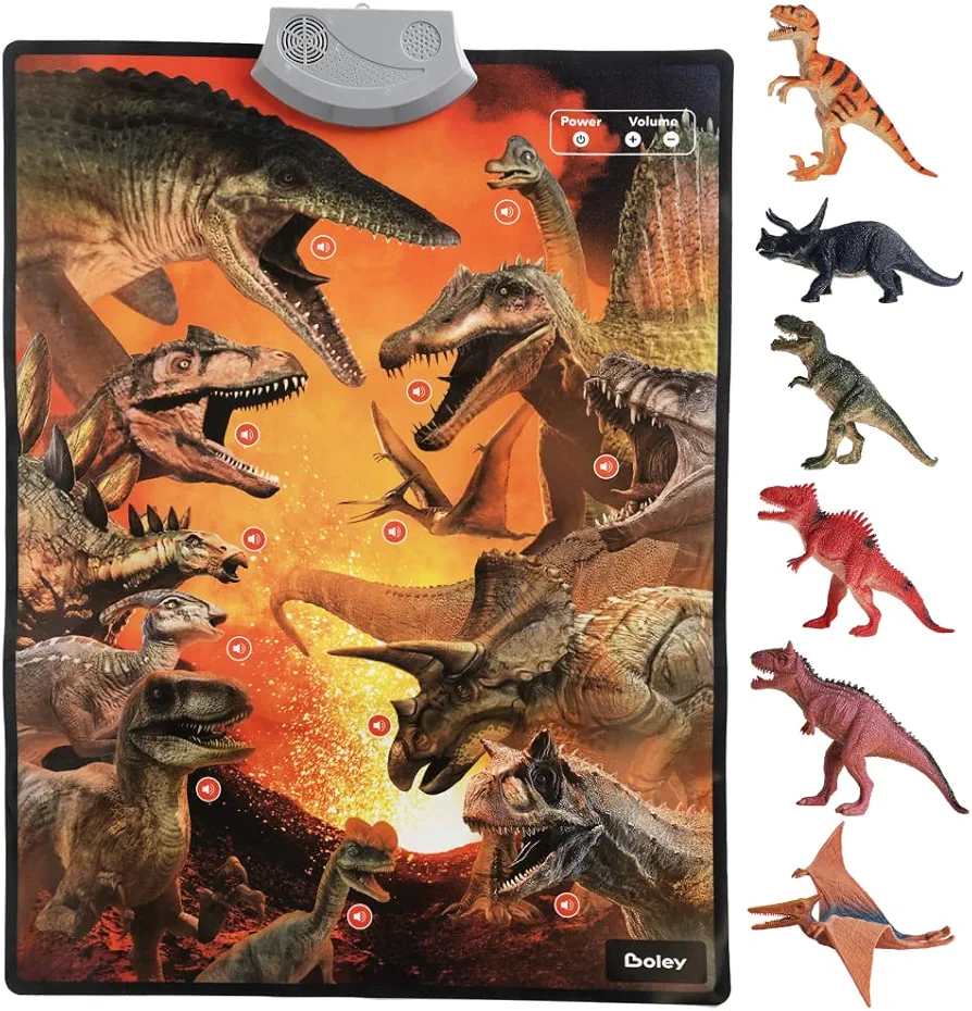 Boley Interactive Dinosaur, Bedroom Decor, Sound Poster | Educational Learning Chart for Dinosaur Names and Roars | 6 Dino Figures Toys Included | for Kids Ages 3 and Up