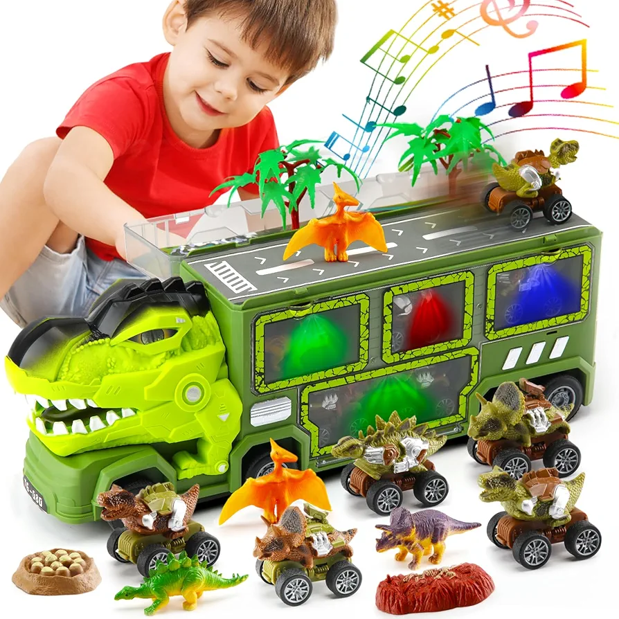 Dinosaur Trucks Toys for Kids 3-5, Dino Transport Car Carrier Truck with Music Sound Light, Toddler Boy Toy Trucks with 5 Pull Back Cars & 3 Dino Figures, Gifts for 2 3 4 5 6 Year Old Boy Girl