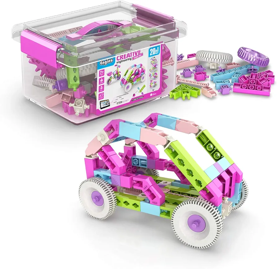 Engino Toys Creative Engineering STEM Maker Girl 20-Model Set, Think and Build in 3D Space, Activities and Experiments, Supercharged Speedsters, Helicopter, Snowmobile, Home Learning, for Ages 7+