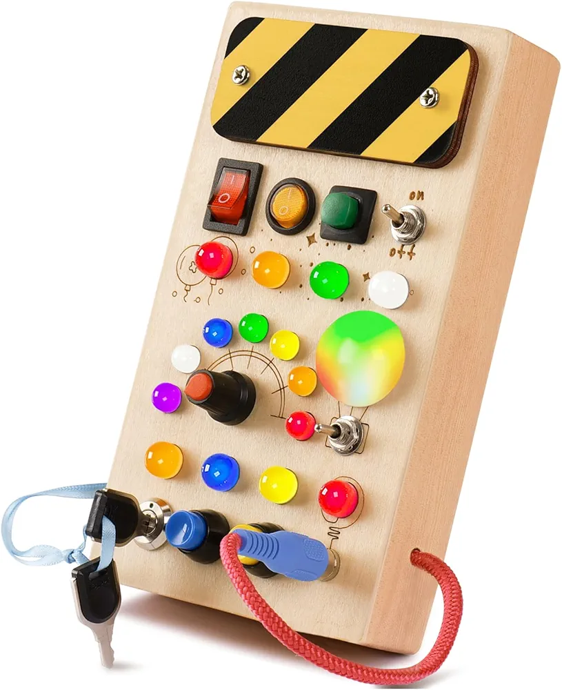 POLKRANE Busy Board with LED Light,Montessori Toys with Toggle Switch,Travel Toys and Wooden Toy for Educational Toddler Activities for 1 2 3 4 Year Old Boys & Girls (Yellow-L04)