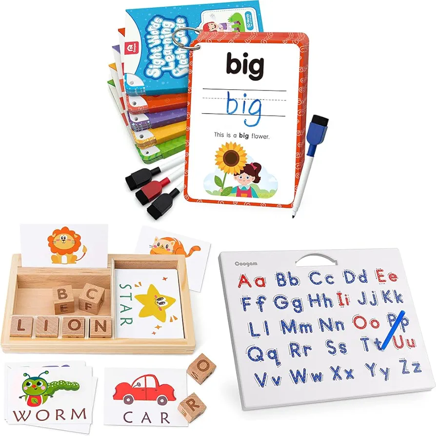 Coogam Sight Words Kids Learning Flash Cards+Spelling Games+Magnetic Letters Practicing Board