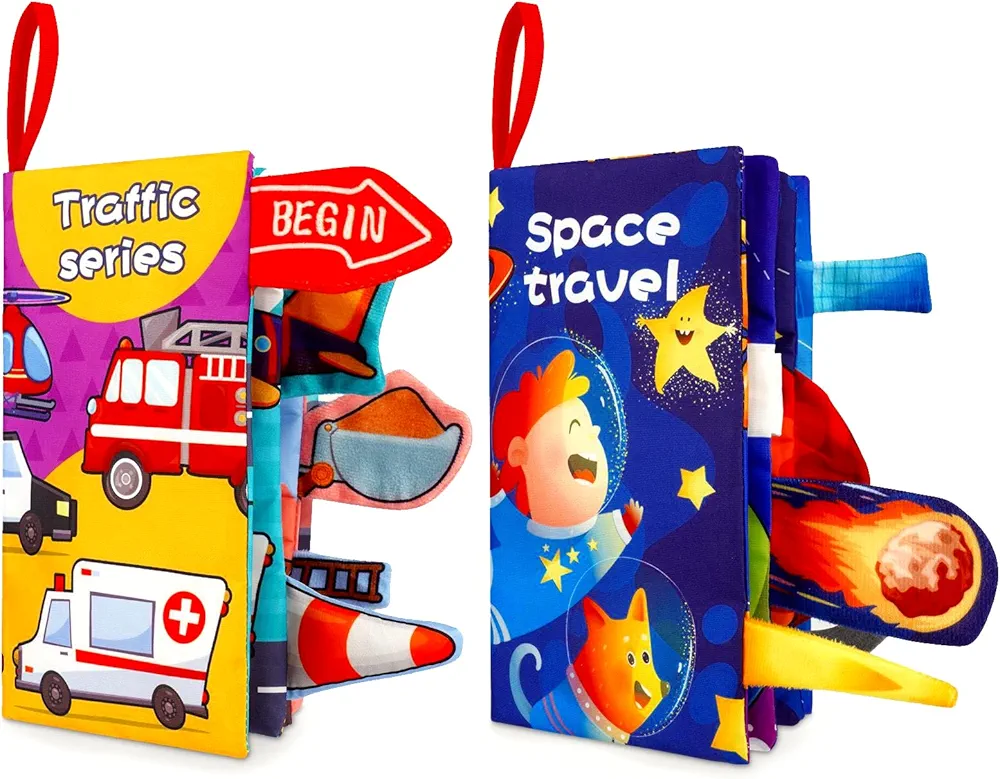 Vicloon Baby Books Toys, 2PCS Baby Books 6 to 12 Months, Touch and Feel Transport and Space Theme Crinkle Cloth Book, Tummy Time Soft Books Toys for Newborn Early Educational Toys