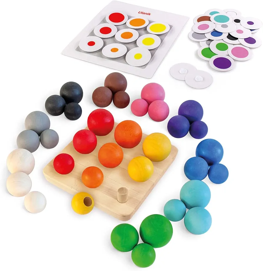 Ulanik Balls on Board Toddler Montessori Toys for 3 Year Old + Kids Wooden Peg Sorter Game for Learning Color Sorting and Counting Preschool Education — 36 pcs