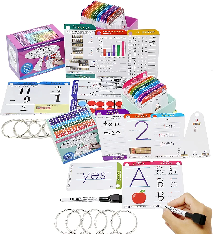 Think2Master Premium 186 Laminated Alphabet, Sight Words, Phonics Flash Cards & 260 Subtraction Flash Cards. Learn to read, write, count, add & subtract numbers.