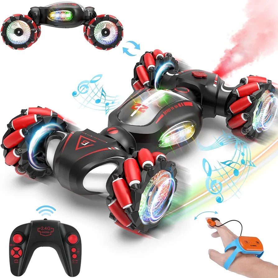 Gesture Sensing RC Stunt Car Toys for 6-12 Boys Girls, 2.4Ghz 4WD Hand Controlled RC Car with Light & Music & Spray, Double-Sided 360° Rotating Gesture RC Car Gifts for Kids 6-8 8-12