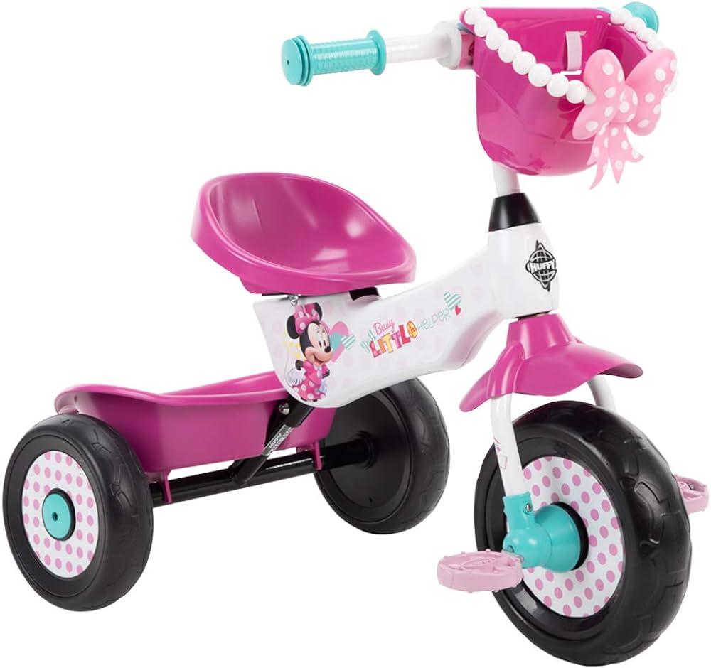 Huffy Disney Minnie Mouse Girl's Trike, Ideal for Ages 3+, Minnie Mouse Graphics, Pink Handlebar Bow Basket, Storage Bins for Snacks or Toys, Sturdy and Durable, Safe for Toddlers