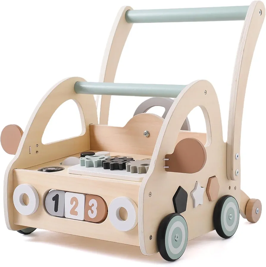 Wooden Baby Push Walker Walking Toys Learning to Walk, Activity Walker for Baby Boys and Girls, Multiple Activities Center Fine Motor Skills Toy