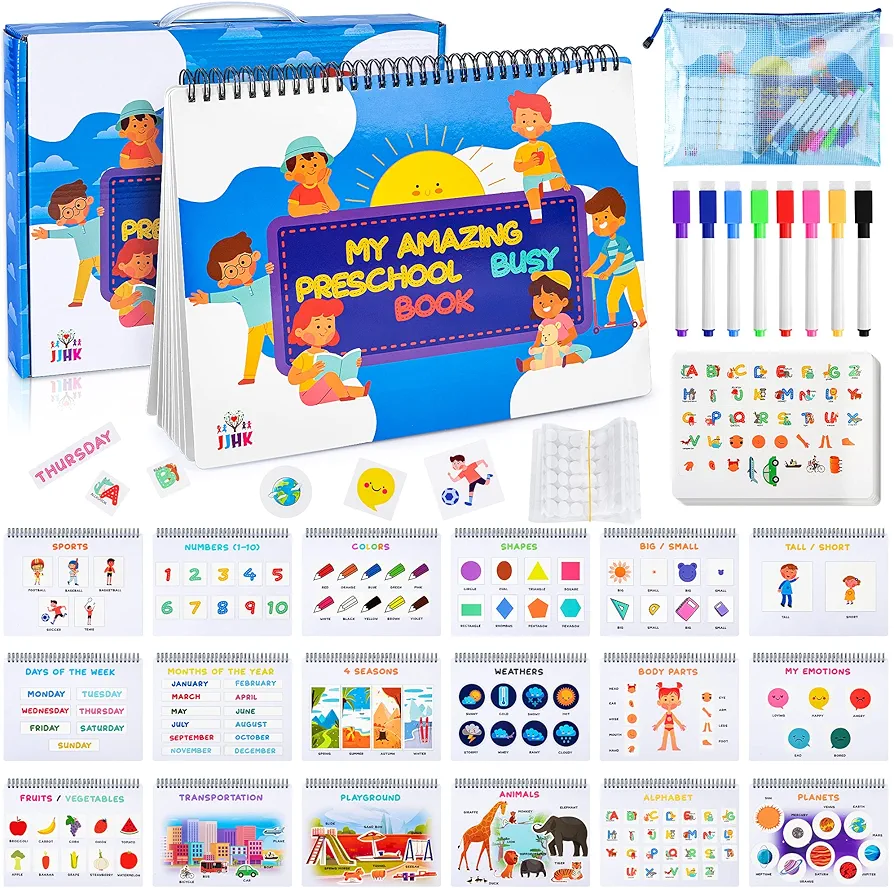 My Amazing Montessori Toys for Toddlers, Newest Version Preschool Busy Book, Learning Activities,18 Themes with 8 Dry Erase Markers, Educational Resources Autism & Special Needs