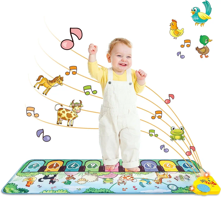 Kids Musical Piano Mats, 43.3'' x14.1'' Floor Piano Keyboard Mat with 8 Animal Sounds Blanket Touch Playmat Funny Touch Play Dancing Mat Early Education Toys for 3+ Years Old Girls Boys Gifts