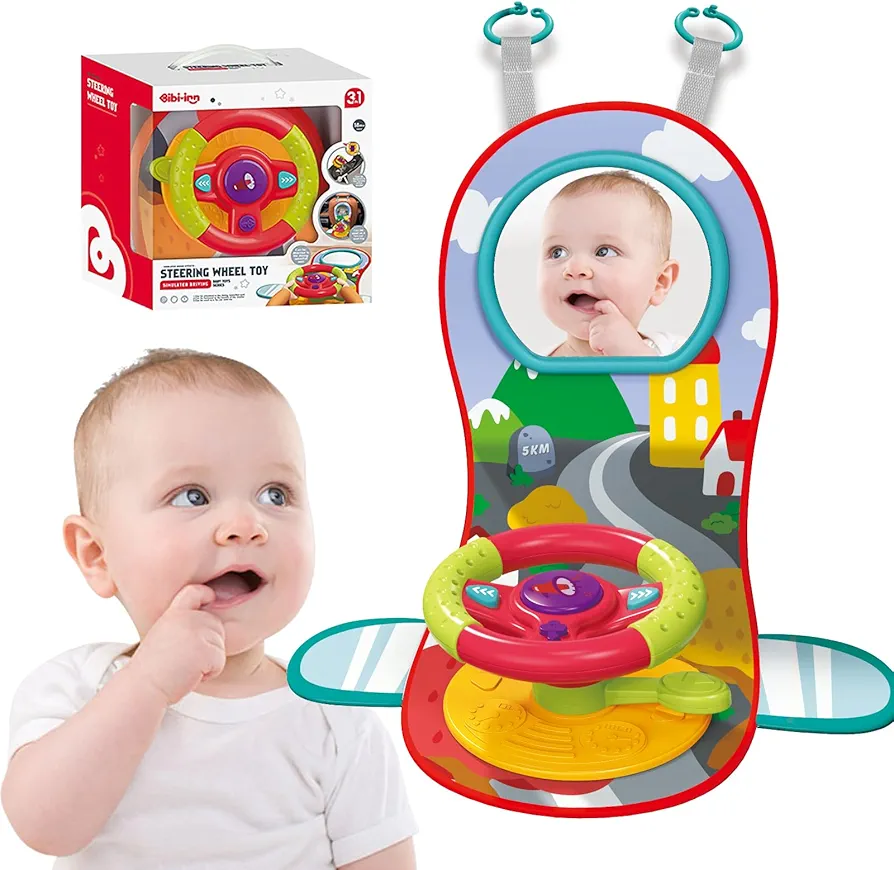 Travel Baby Toys, Interactive Dashboard Steering Wheel Pretend Play Driving Toy, Rear Car Seat Toys with Mirror 2-in-1 Baby Stroller Toy.