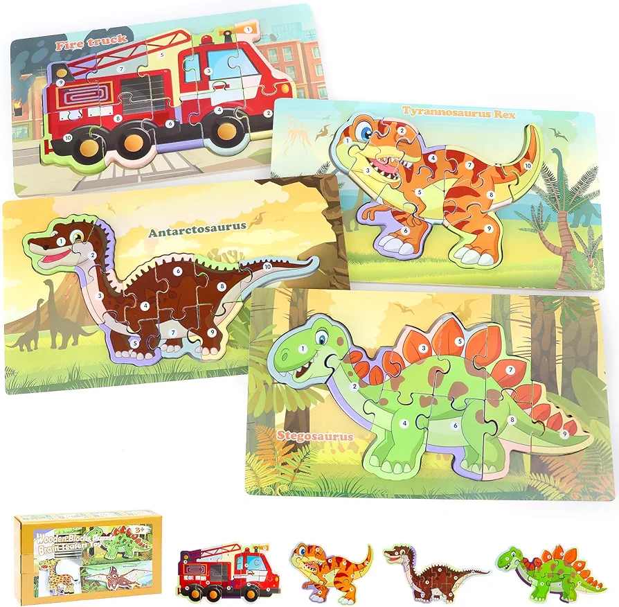 Wooden Puzzles for Toddlers 1-3, 4-Piece Toddler Puzzles Contains Animal/Dinosaur/Car Types, Toddler Toys for Age 1 2 3, Toddler for Boys and Girls (Dinosaurs B)