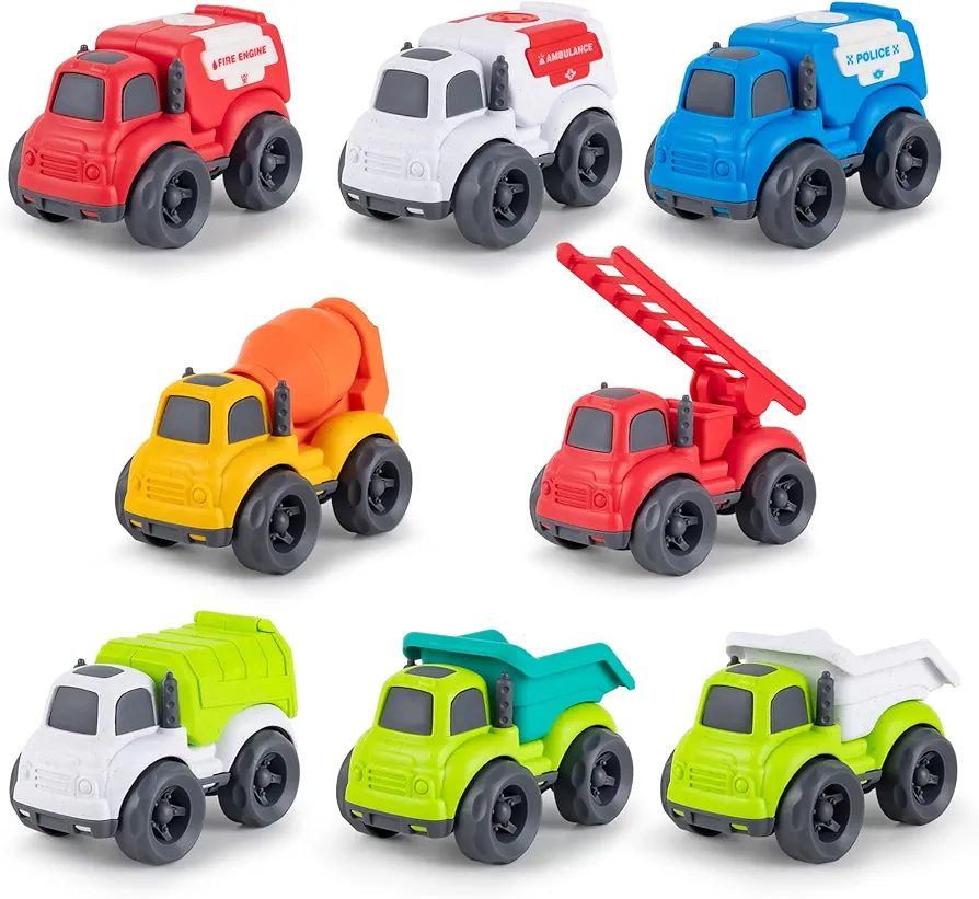 8 Pcs Toddler Toy Cars for 1-3 Year, 8 in 1 Trucks Toy Vehicles Set for Toddlers, BPA Free, Phthalates Free, PVC, Dishwasher Safe, Recycled Plastic, Birthday Gifts for Boys Girls