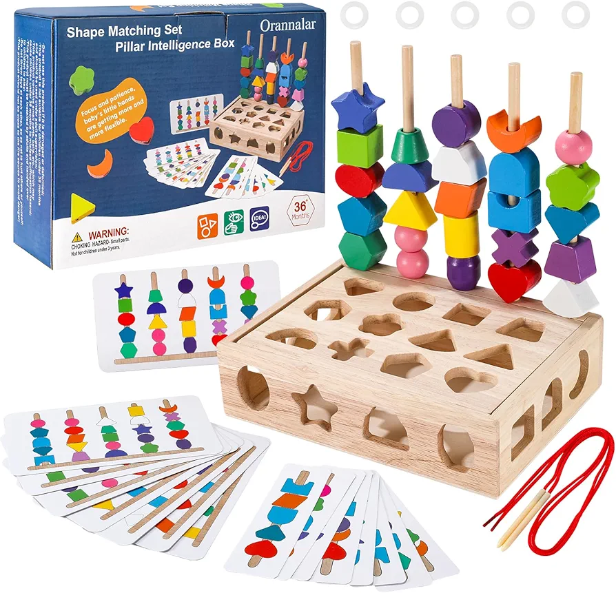 3 in 1 Wooden Color Sorting Stacking Toys, Montessori Toys Geometric Shape Matching Game Wooden Beads Sequencing Toy Set Lacing Beads Stem Fine Motor Skills for Toddlers