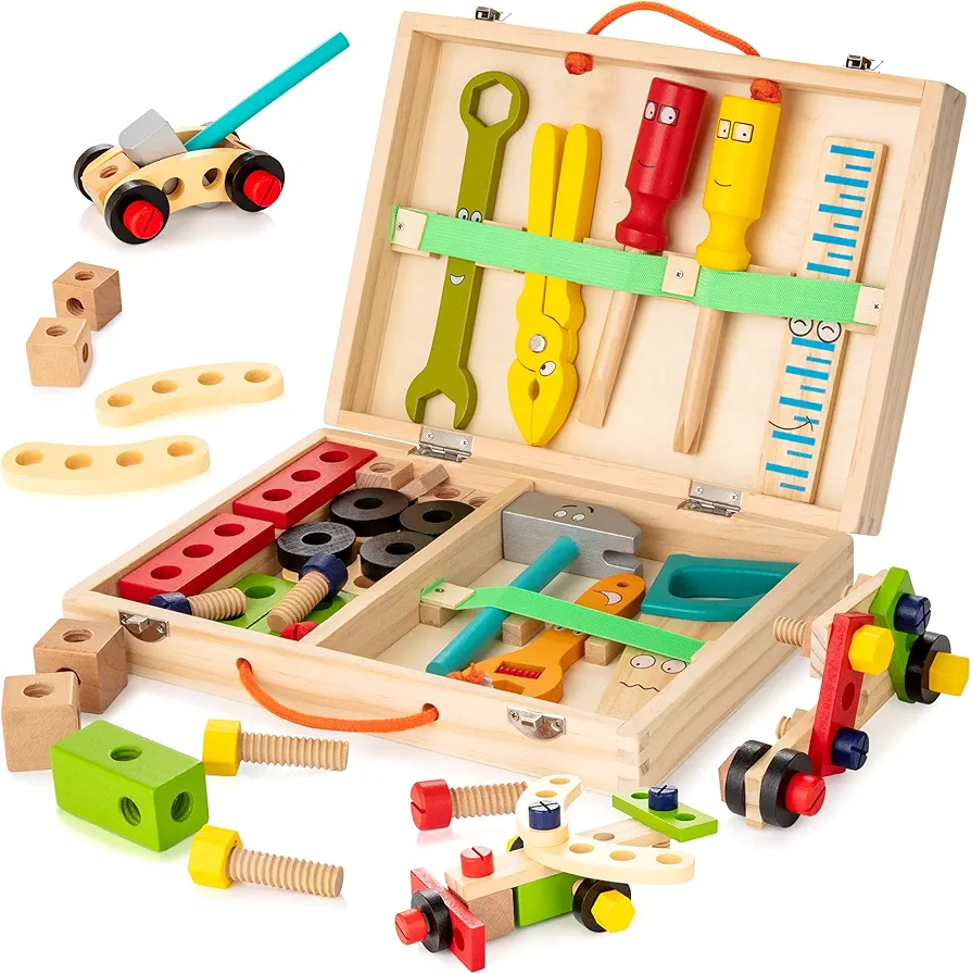 KIDWILL Tool Kit for Kids, Wooden Toddler Tools Set Including Tool Box & DIY Stickers, Montessori Educational STEM Construction Toys for 3 4 5 6 7 Years Old Boys Girls, Best Birthday Gift for Kids