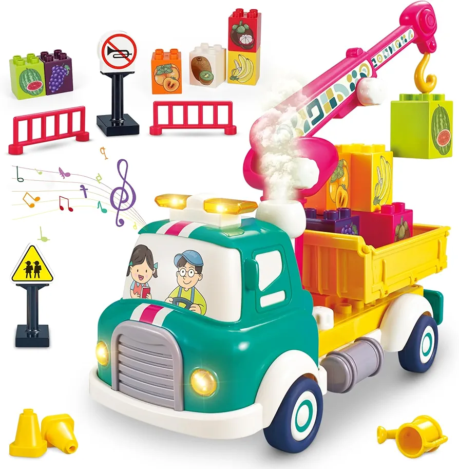 Toddler Crane Truck Toys For Boys Girls Birthday Gift 1 2 3 4 5 6 Year Old, Kids Montessori Fruit Transport Game Pull Back Cars Toy Set with Smoke, Sound & Light, Stacking Block, Dump Trucks