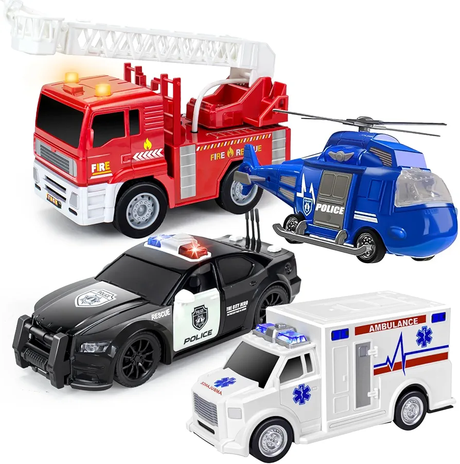 4 Pack Emergency Vehicles Toy Set, 1:20 Scale Big Fire Truck & Ambulance & Helicopter & Police Car Toy for 2 3 4 5 6 Year Boys Toddlers Gift, Friction Powered Vehicles with Lights & Sounds