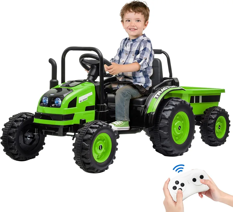 Kids Ride on Tractor with Tiltable Trailer 6 Wheels, Ride on Car with Remote Control, 12V Battery Powered Electric Vehicle, Spring Suspension, Music LED Light for Boys and Girls, Green