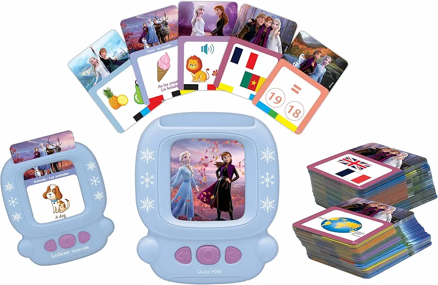 LEXiBOOK, Frozen, Bilingual Interactive Card Reader, Spanish/English, 150 Double-Sided Educational Cards, Educational Quiz & flashcard Machine, Blue/Purple, JCR10FZi2