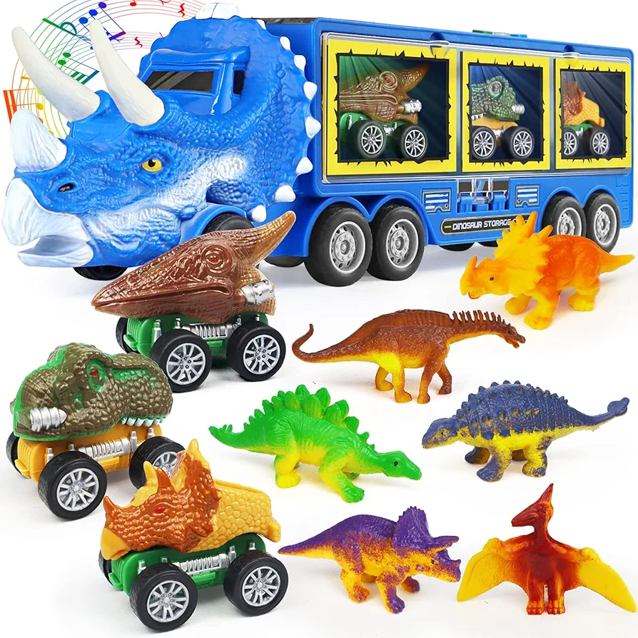 Dinosaur Toys for Kids 3-7, Dinosaur Transport Truck for Boys with Roar & Music Button and Slide, 11 Pack Friction Truck Toy Include 3 Pull Back Dinosaur Cars and 6 Dino Figures, Gift for Children