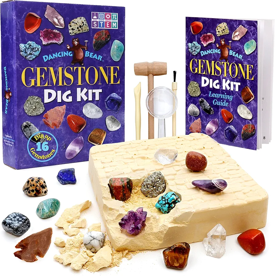 DANCING BEAR Gem Dig Kit - Excavate 16 Gems & Crystals Including Arrowheads, Quartz, Amethyst - STEM Education Gift Set for Kids